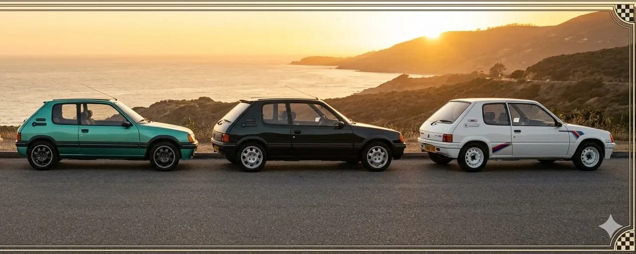 Trois Peugeot 205 GTi et Rallye alignées face à la mer