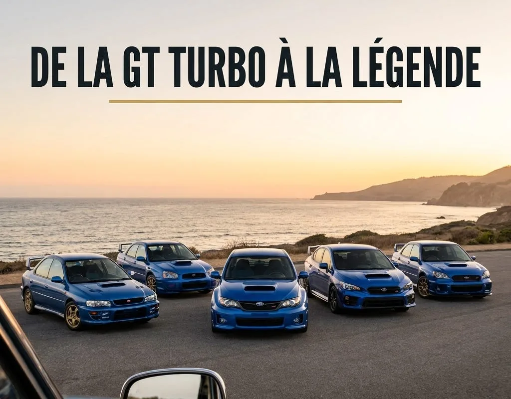 Cinq générations de Subaru Impreza WRX STi au coucher du soleil